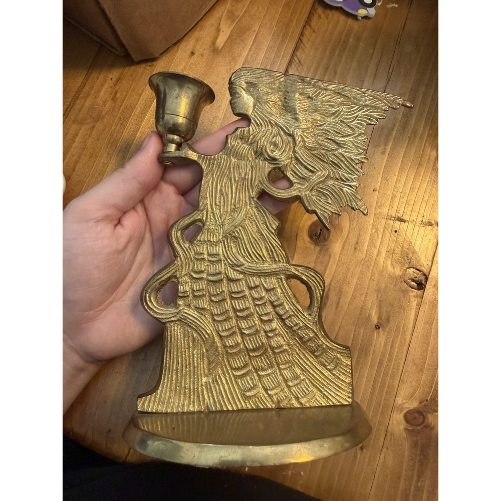 Vintage Christmas Solid Brass Angel Candle Stick Holder Holiday Decor 8" India